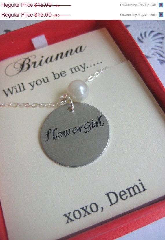 30% SALE Ask Flowergirl, Bridal Party Gift, Handstamped charm necklace. Other Color Pearl Available. FREE Notecard Jewelry Box.