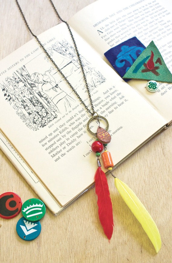 Camp Fire Scout Necklace - Red/Yellow Feathers