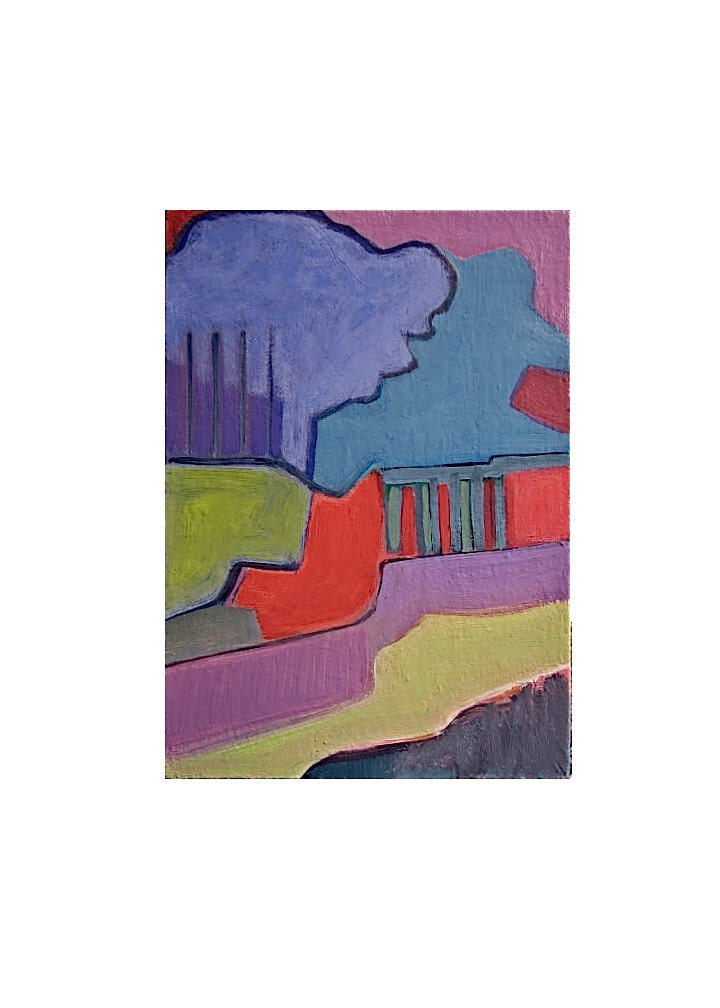 Springtime in Paris, Small Painting, Abstract Landscape, Mid Century Modern Painting, Red Purple Painting by Will Wieber