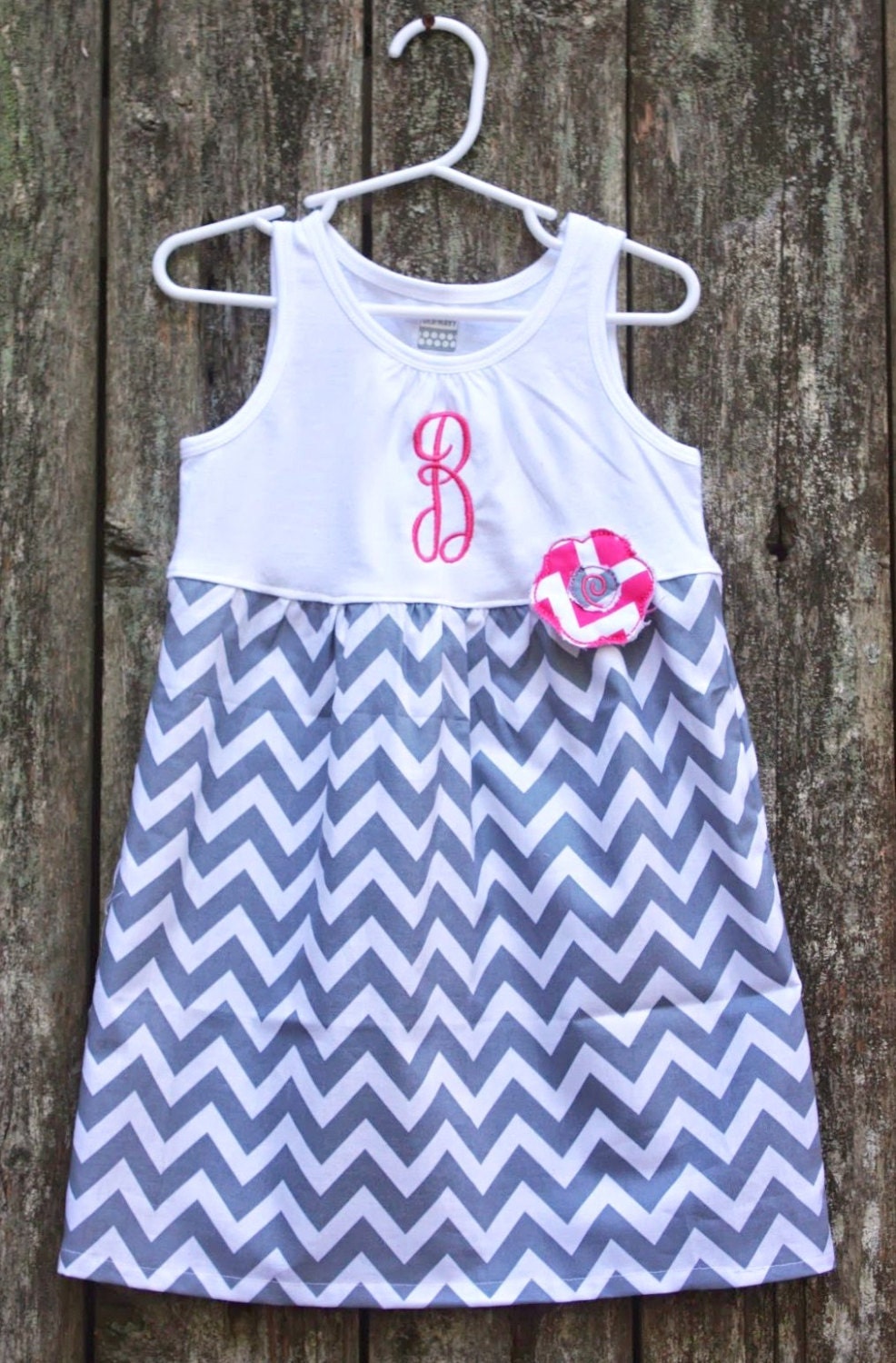 Gray Chevron Monogram Tank Dress with optional Flower Pin
