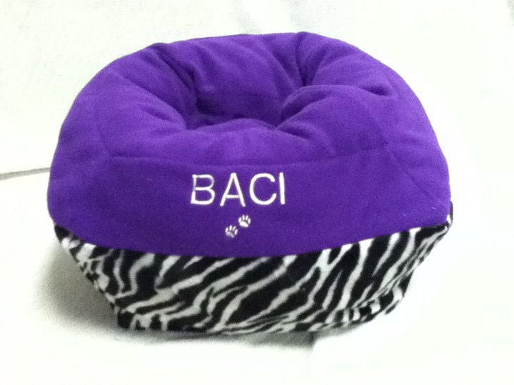 Small Personalized Snuggle Pet Bed Zebra Print Faux Fur with Purple, Hot Pink or Lime Fleece Dog Cat Small Animal Custom
