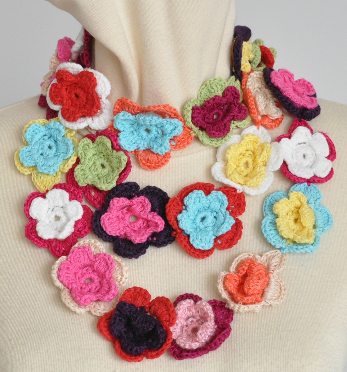 SPRING COTTON - Crochet Multicolor Cotton Floral Scarf/Lariat/Belt