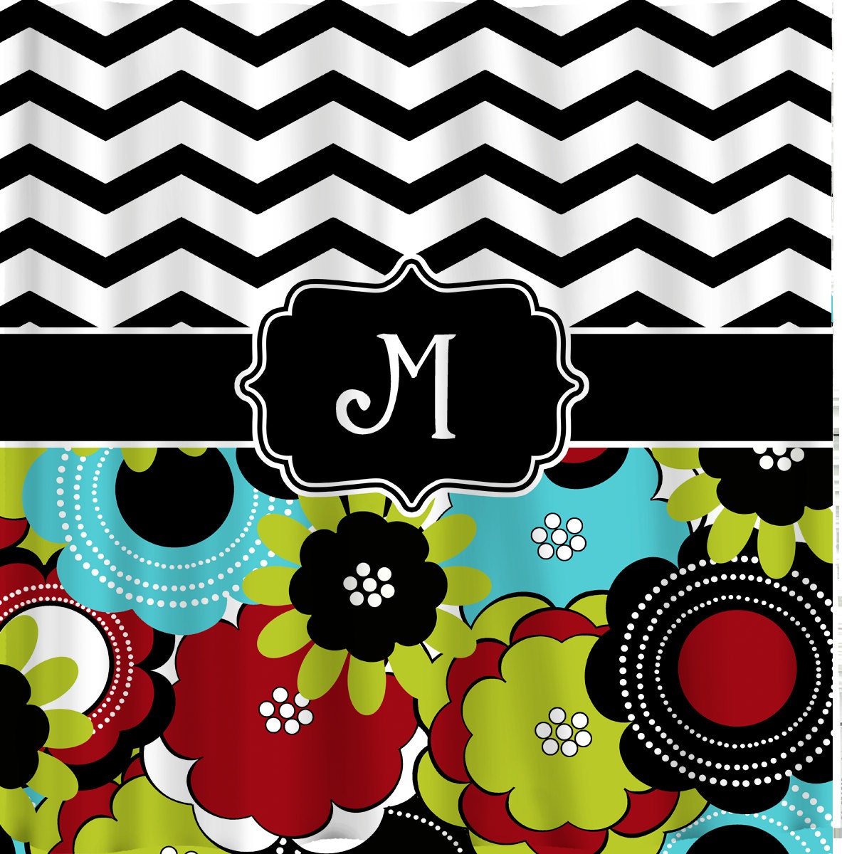 Custom Personalized Shower Curtain - Mod Multi Color Floral with choice of graphic top
