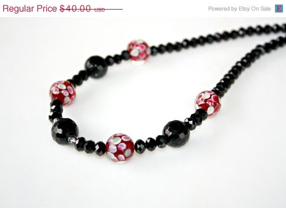 HOT SALE Black Crystal & Rose Necklace - Sleek Black Crystals with Hand Crafted Raspberry Rose Flower Glass Beads by Mei Faith