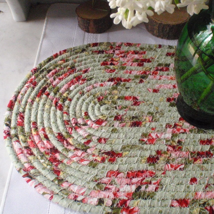Coiled  Mat, Hot Pad, Trivet  -  Rose Garden - OVAL, Shabby Chic, Sage Green, Pink