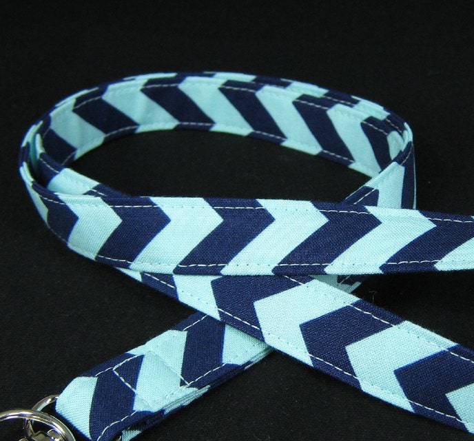 Fabric Lanyard - ID Badge and Key Ring - Riley Blake Chevron Small Navy and Aqua