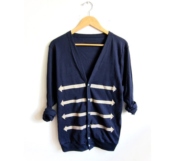 Slim Fit Long Military HAND STENCILED Slouchy Button Arrow Deep V Boyfriend Cardigan Jacket Navy and Gold - S M L XL