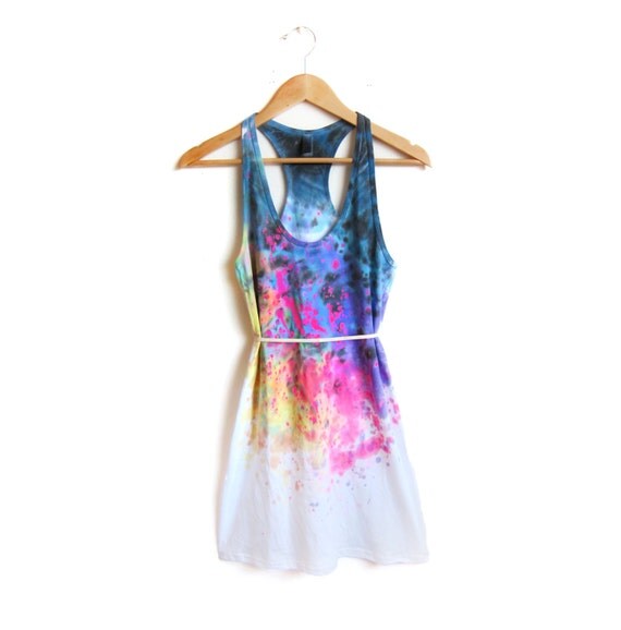 The Original "Splash Dyed" Hand PAINTED Scoop Neck Racerback Tunic Tee Dress in White Spectrum Rainbow - XS S M L