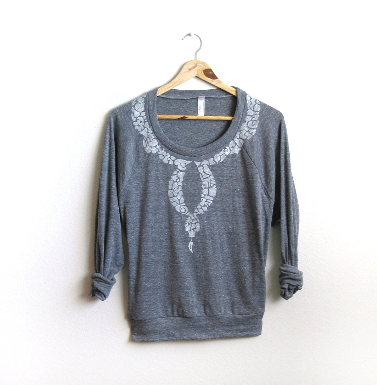 Eclectic Collage HAND STENCILED Necklace Oaxacan Slouchy Drapey Scoop Neck Sweatshirt in Heather Grey - S M L XL