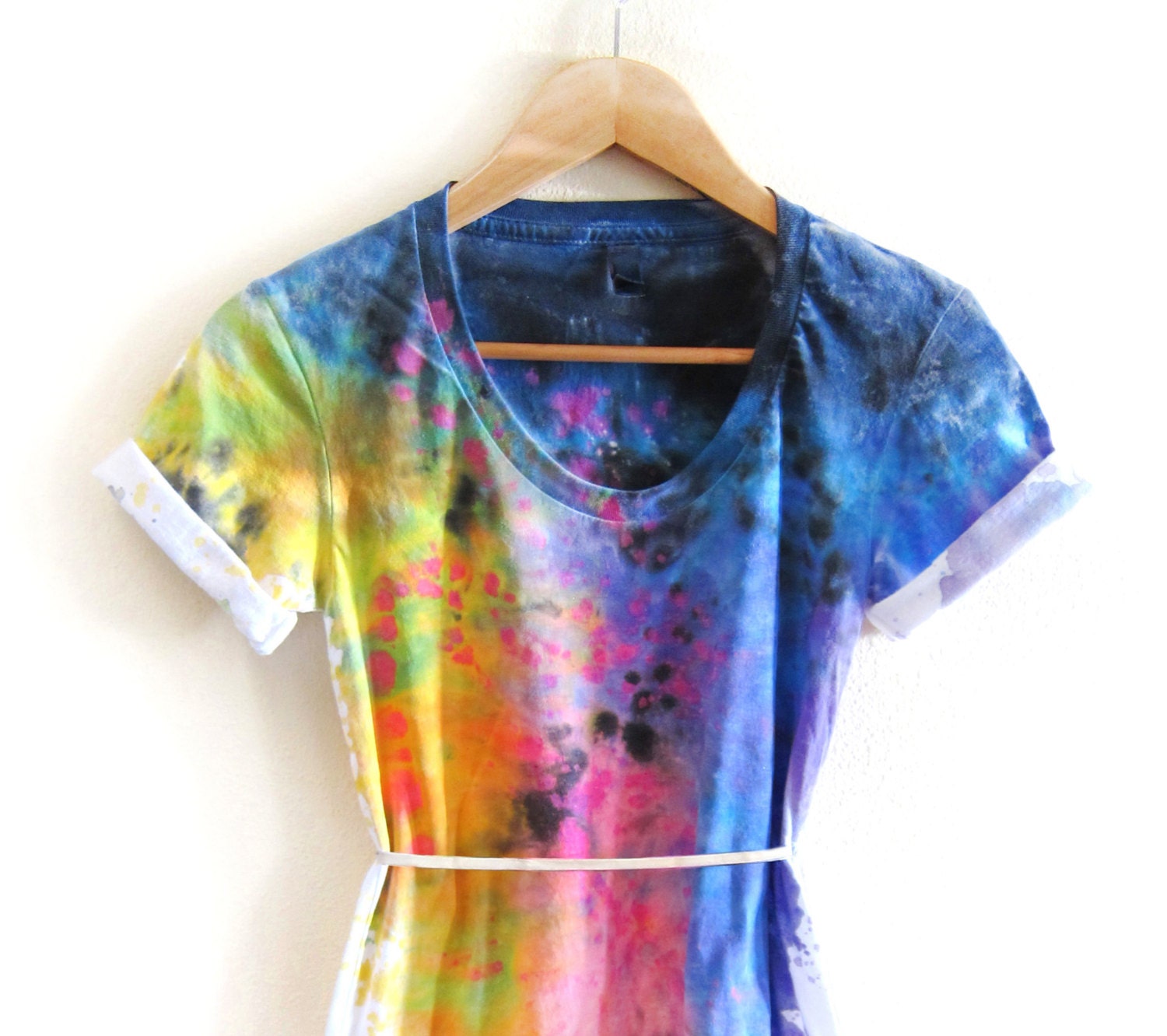 The Original "Splash Dyed" Hand PAINTED Scoop Neck Pinned Rolled Cuffs Tunic Tee Dress in White Spectrum Rainbow - XS S M L XL
