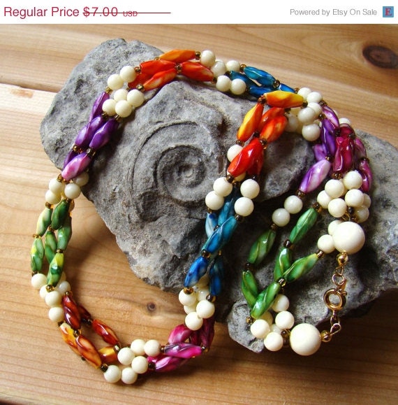 Sun Sale Colorful 3 Strand Necklace - Marbled & Cream Beads - Delicious Colors That Pop on Etsy