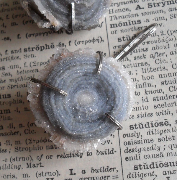Sterling Silver Earrings, Raw Crystal Earrings, Drusy Chalcedony Rose Slate Blue Gray Organic OOAK One Of A Kind Artisan Metalsmith Earrings
