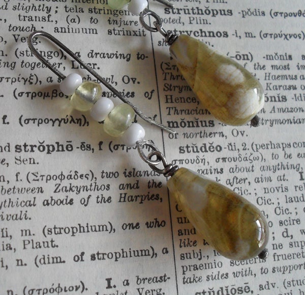 Sterling Silver Earrings, Fire Agate Prehnite African Glass Green Cream White Urban Boho Metalsmith Dangle Earrings, Gemstone Drop Earrings