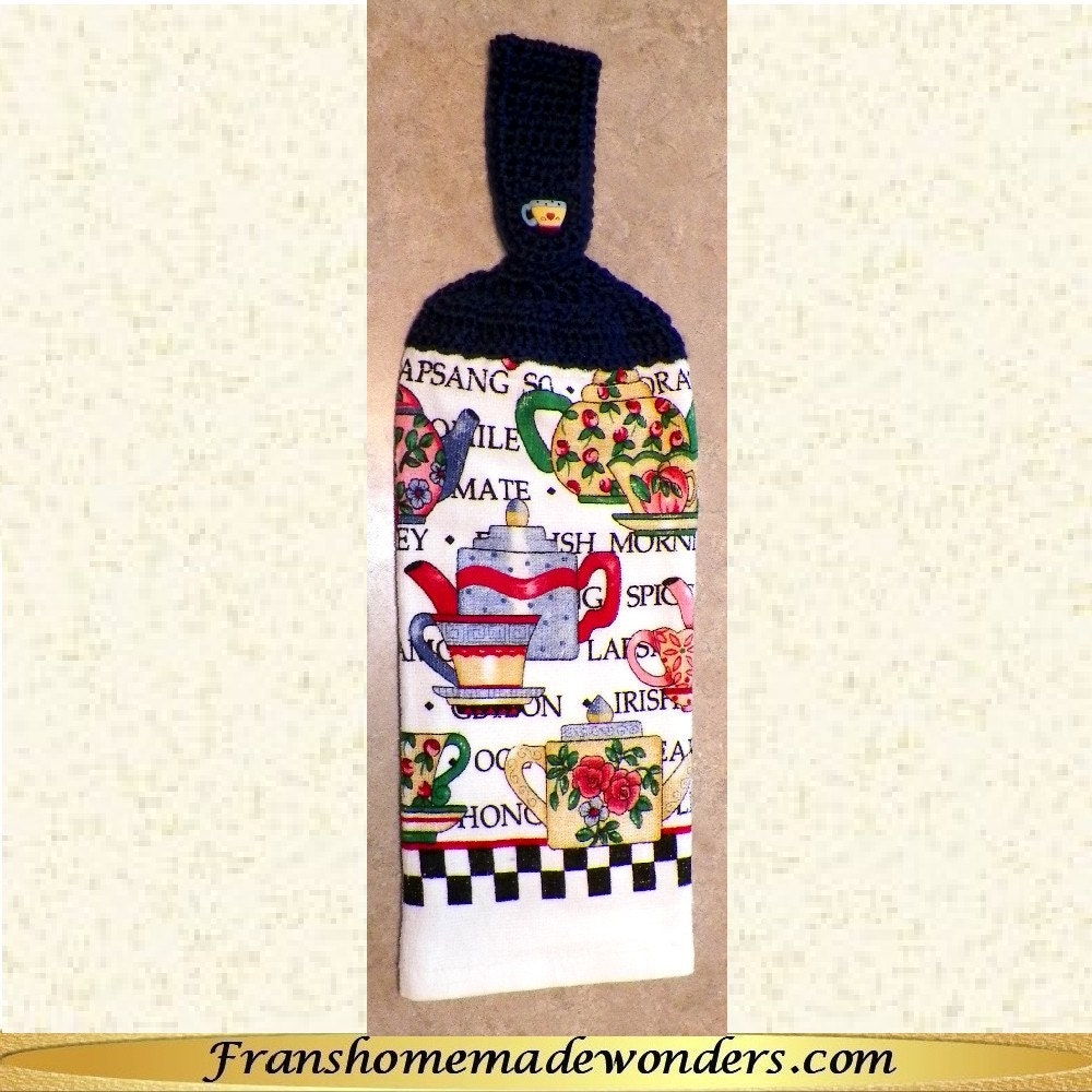 Double Layer Hand Crocheted Top Cotton Hanging Kitchen Towels - Tea Time