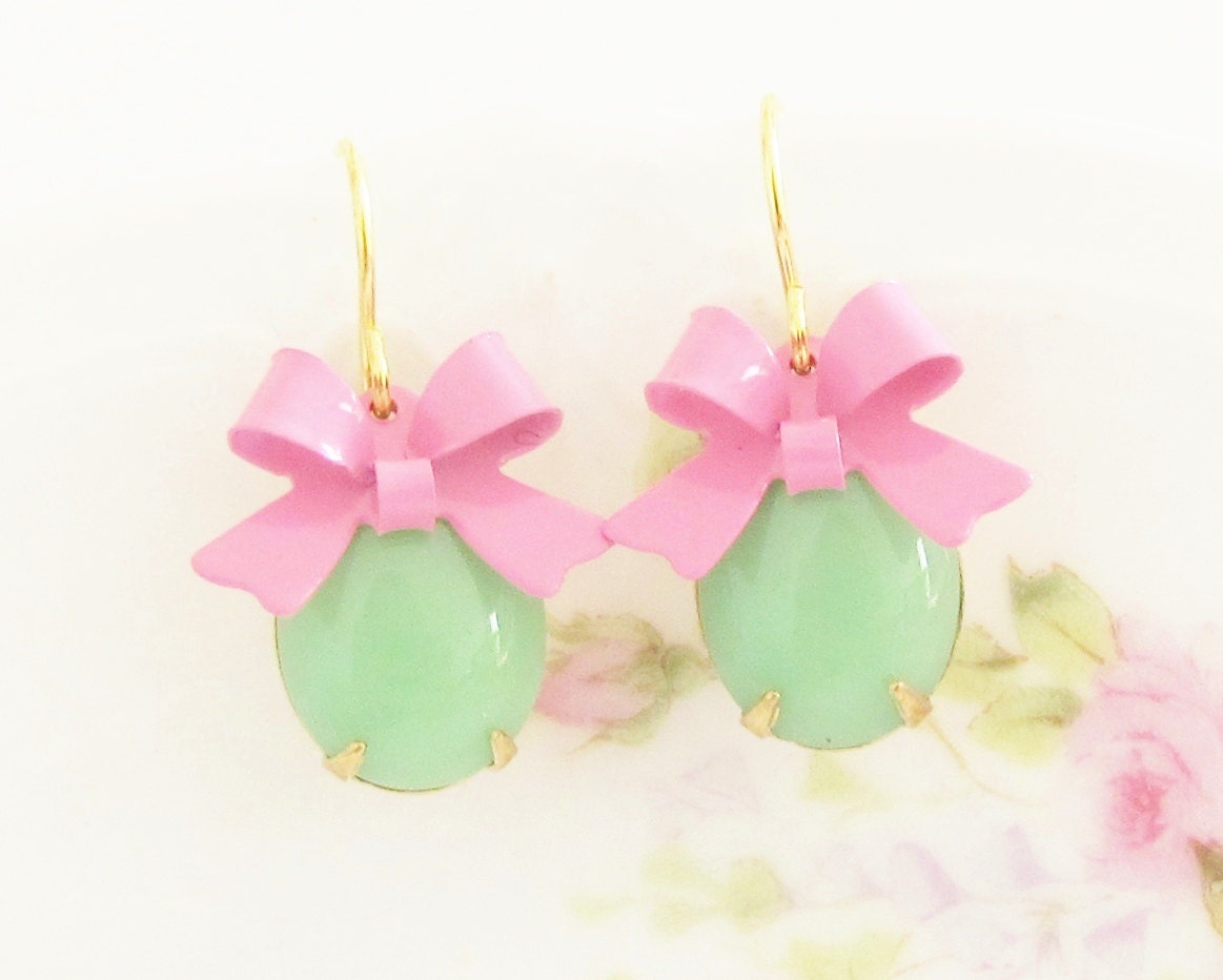 Pink and Green Bow Earrings - Vintage Green Glass Jewels and Bright Pink Bow Dangle Earrings - Wedding, Bridal, Bridesmaid, Preppy