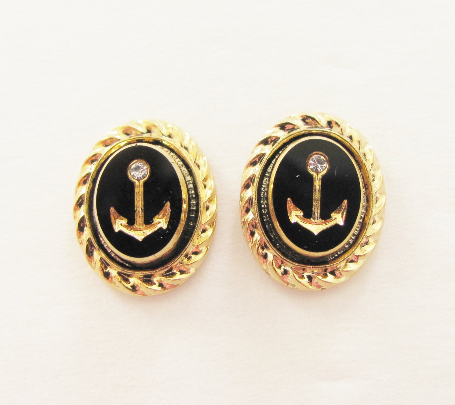 Black and Gold Anchor Stud Earrings - Nautical Rhinestone Anchor Rope Oval Gold Plated Post Earrings - Preppy Bridesmaid, Wedding, Bridal