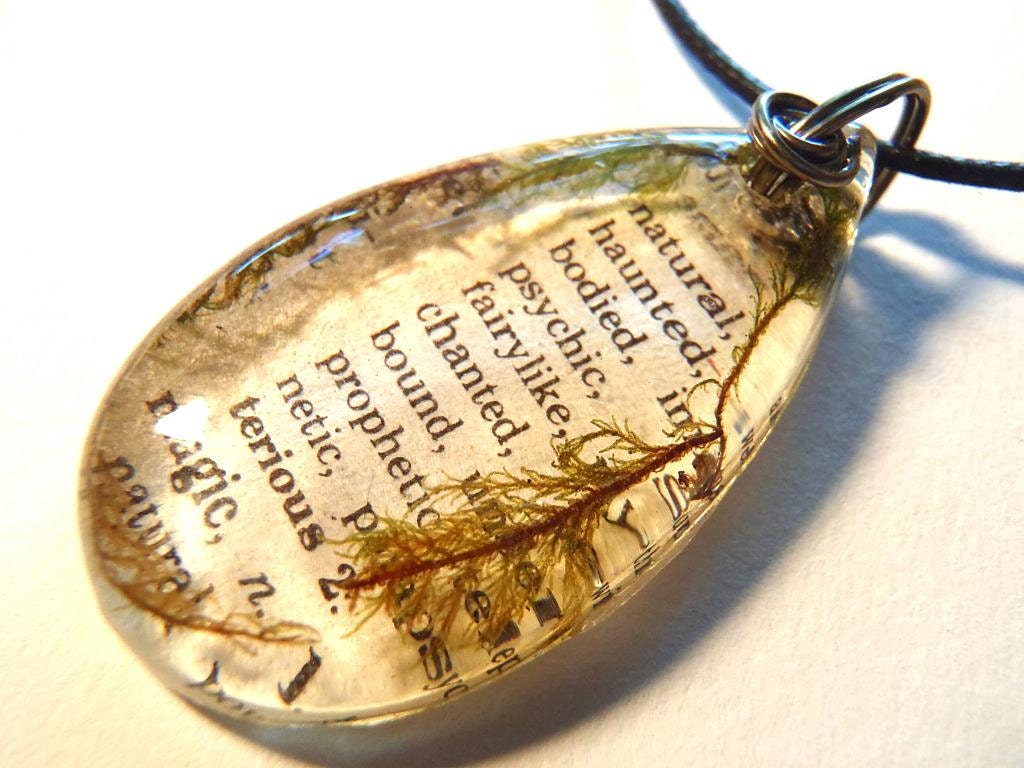 Green Moss Magic Book Page Words Psychic Fairy Enchanted Nature Pendant  Boho Resin Necklace  Dictionary Bohemian Jewelry