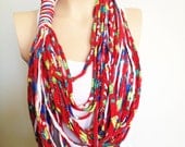 Red Blue Green and White multi-strand upcycled jersey fabric tshirt necklace