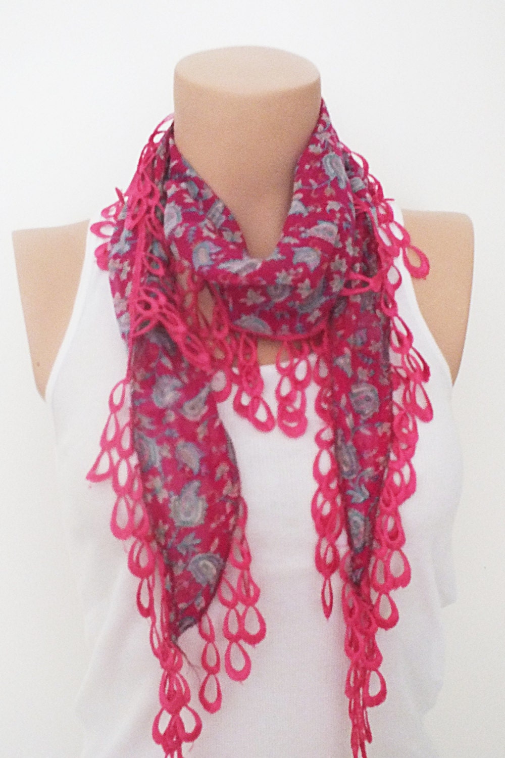 Spring Summer Paisley pink Honeysuckle Fuchsia Floral cotton Turkish Yemeni Scarf With Dark pink Lace