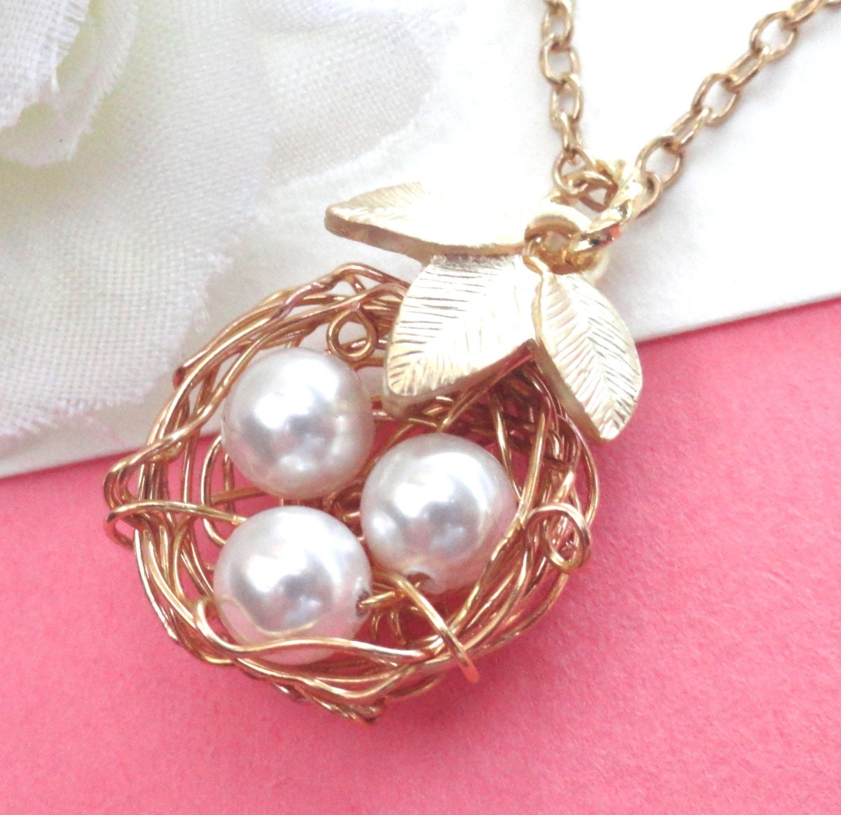 Gold Filled Birds Nest With Three Leaves -  Rustic Nest