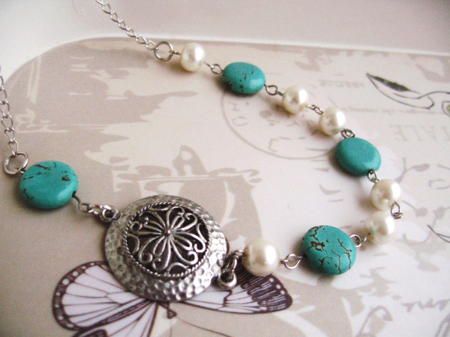 Turquoise necklace, Asymmetrical necklace, turquoise stone necklace, Pearl Necklace, Wedding Jewelry, bridesmaids Gift, Statement Necklace