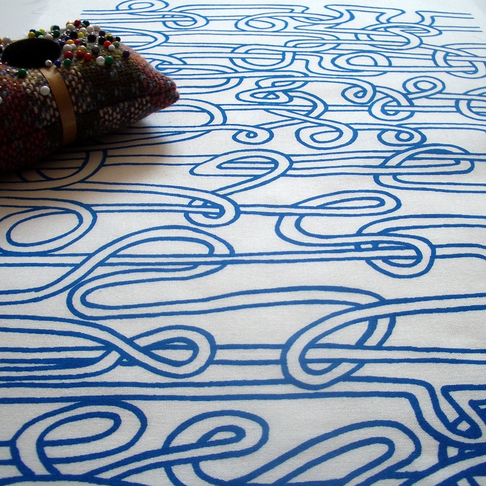 Spaghetti Threads - hand screen printed cotton fabric skinny quarter - Ocean Blue on White