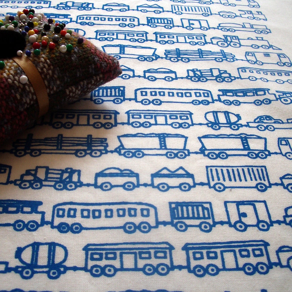 Train Set - hand screen printed cotton fabric skinny quarter -  Ocean Blue on White