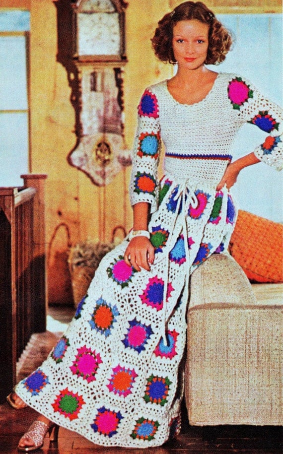 INSTANT DOWNLOAD PDF Vintage Crochet Pattern Granny Square Maxi Dress Retro