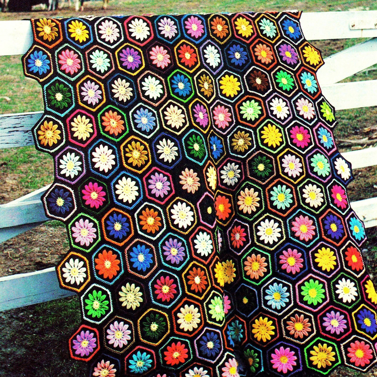 INSTANT DOWNLOAD PDF Vintage Crochet Pattern Floral Hexagon Afghan Throw Blanket Retro