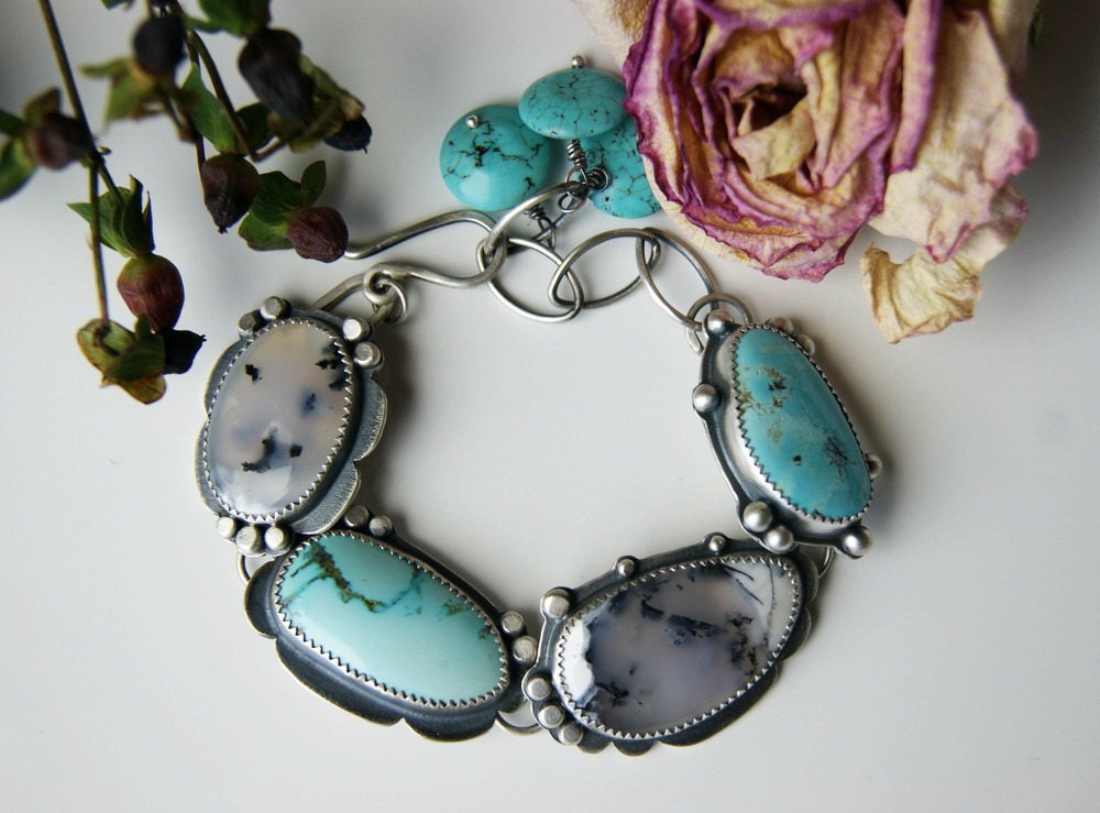 Reserved - The Pools of Sky - Turquoise and Dendritic Opal Sterling Silver Bracelet