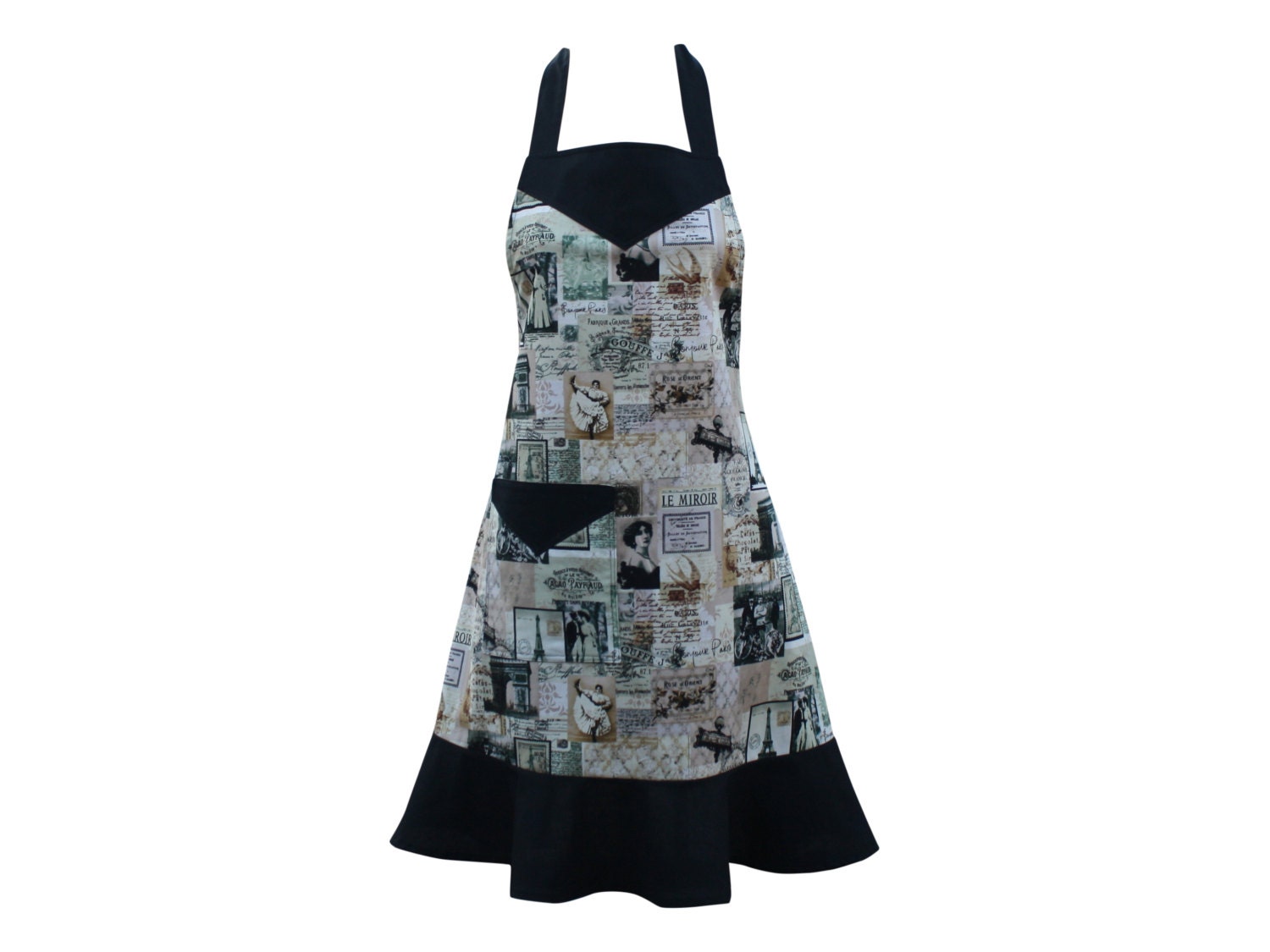 Ladies apron with frill in French-theme fabric, titled Bonjoure.