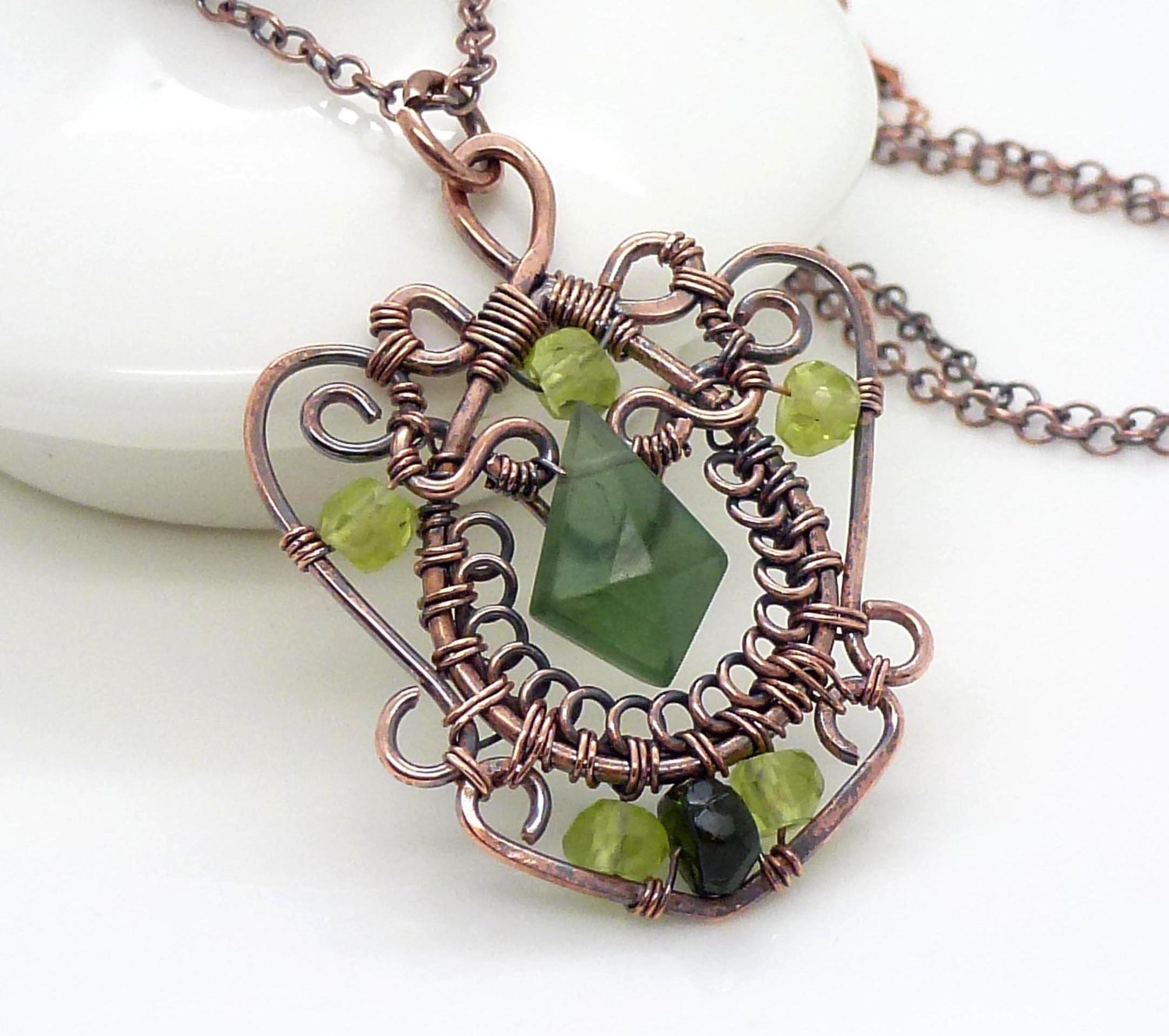 Copper necklace, Peridot and green garnet necklace, Olive green wire wrapped jewelry, Handmade copper jewelry