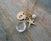 Personalized gold starfish necklace - custom hammered handstamped initial, clear rock crystal, pearl, gold filled - bridesmaid beach wedding