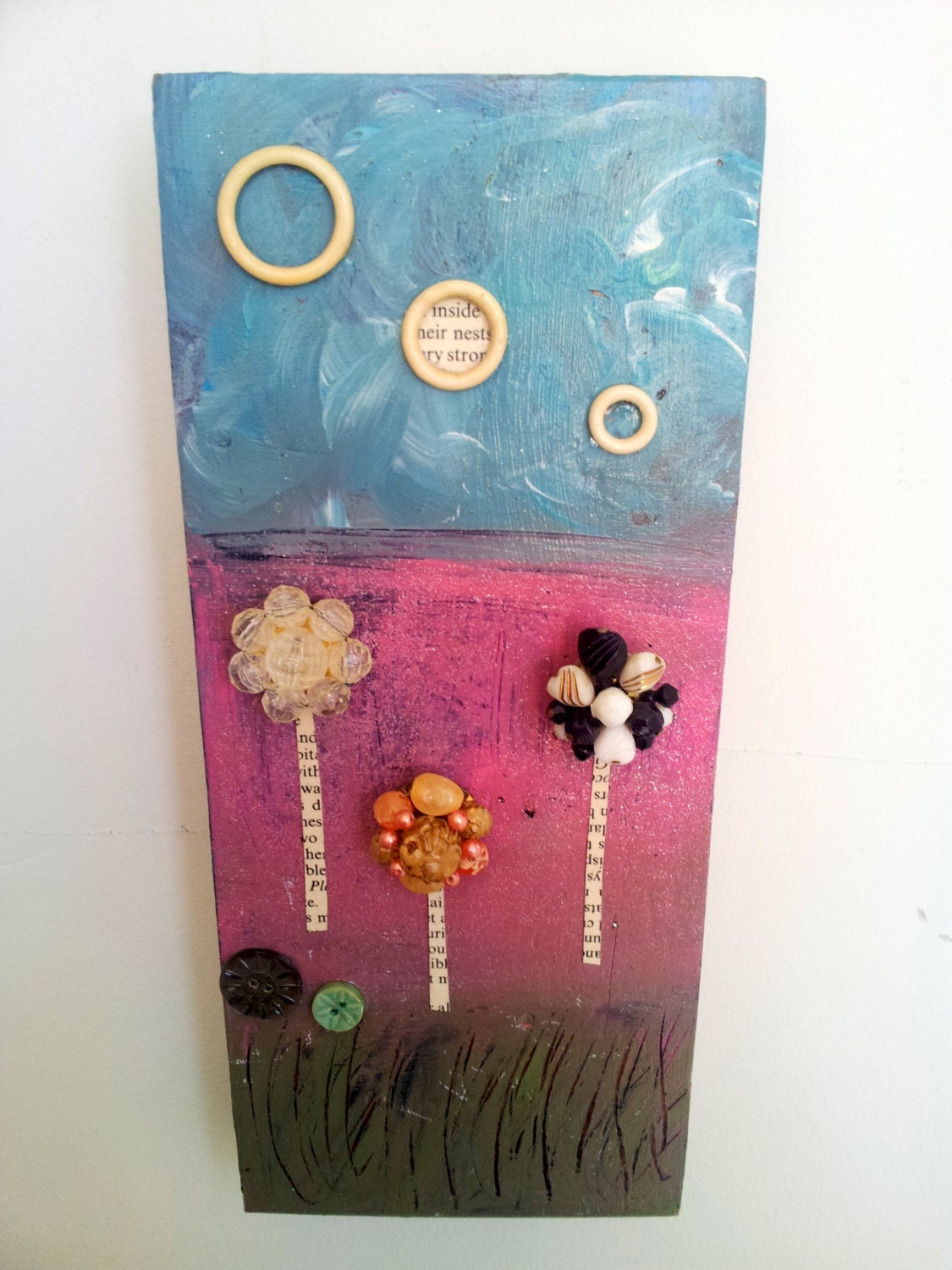 Handmade  Upcycled Wood Mixed Media Wall Art Vintage Hanging Painted Flowers