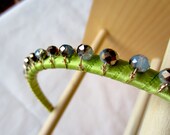 Bright mossy green crystal hair band/ head band. Sparkling blue crystal tiara with gold wire. 0190
