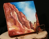 Gallery Wrapped Original OOAK Watercolor Sedona Arizona Desert Mountains 4x4 inch yellow rust teal