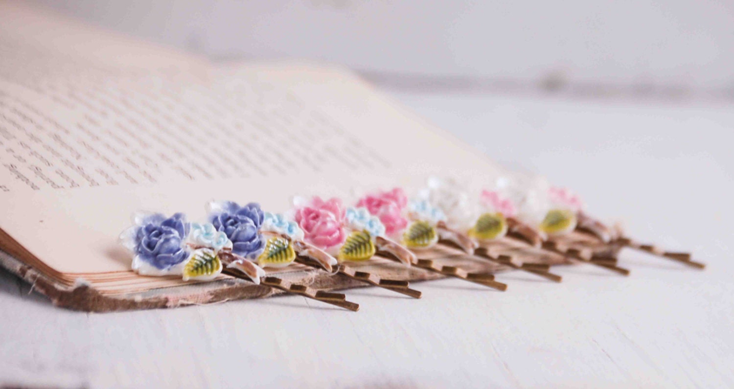 Garden FLOWER  Bobby Pins 6 Colorful Hair Pins Springtime Wedding Flower Girl Bridesmaid