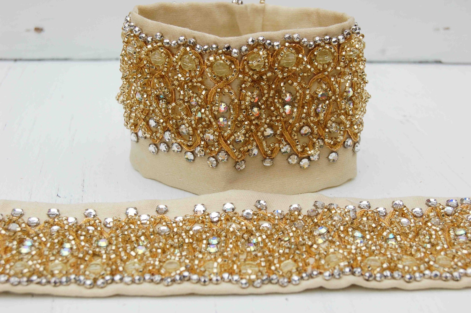 Vintage Rhinestone Beaded Gold Fabric Cuffs Victorian Romance Trim