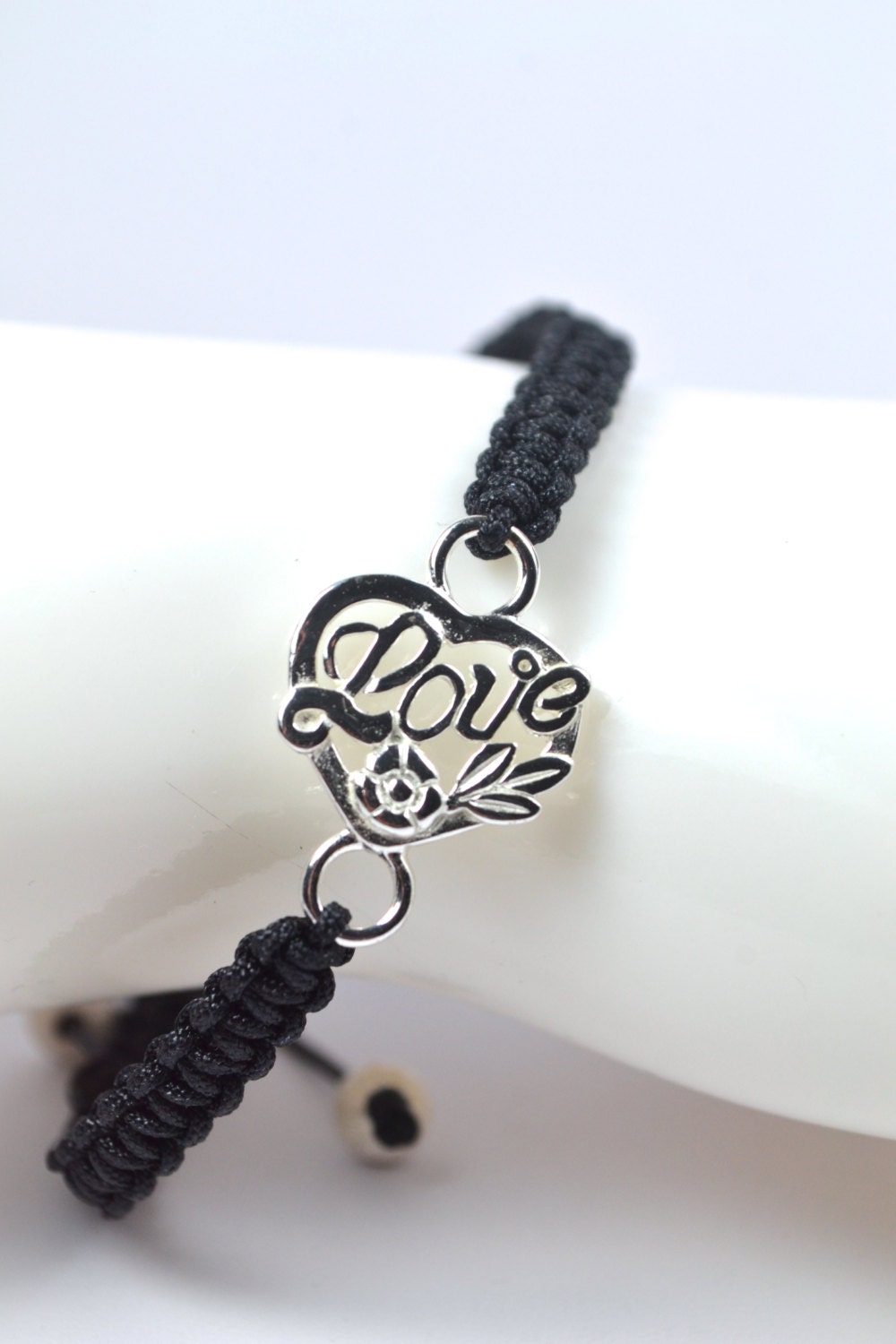 Sterling Silver Adjustable Love Black Nylon Bracelet, Stardust Beads