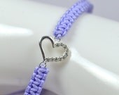 Sterling Silver Lavender Nylon Cord  Heart Adjustable Bracelet, Cubic Zirconia