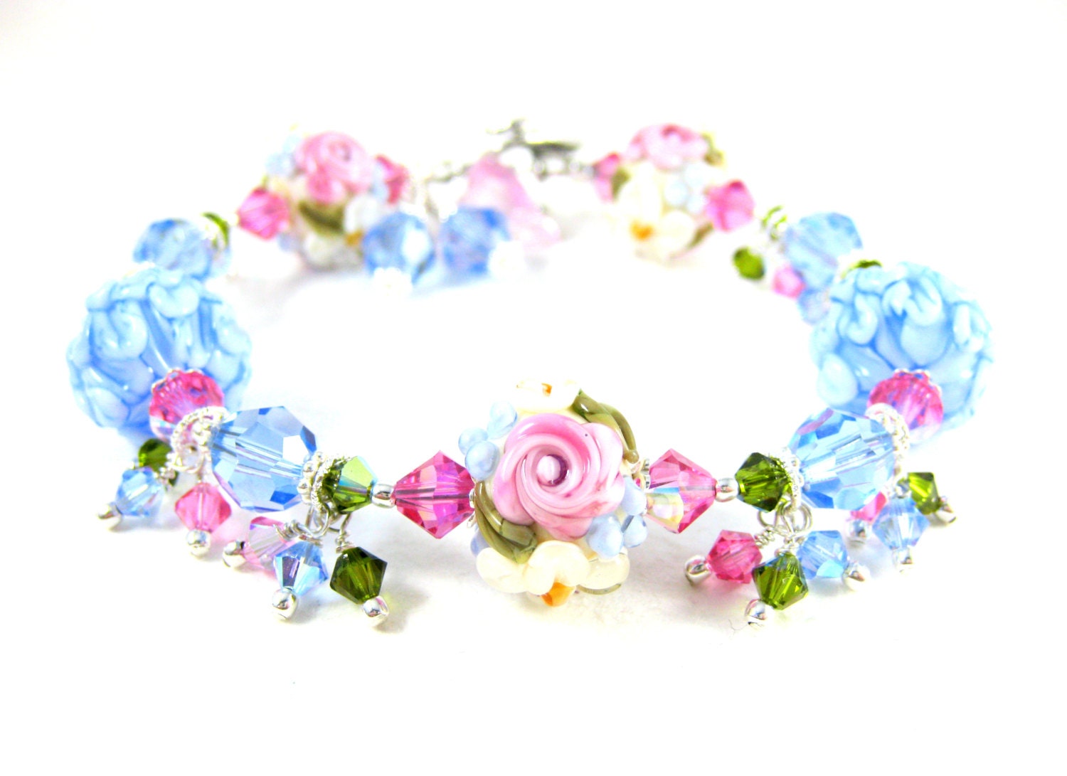 Pink Rose Bracelet, Summer Lampwork Bracelet, Pastel Flower Bracelet, Pink Blue Ivory Floral Glass Bead Bracelet - Spring Blossoms