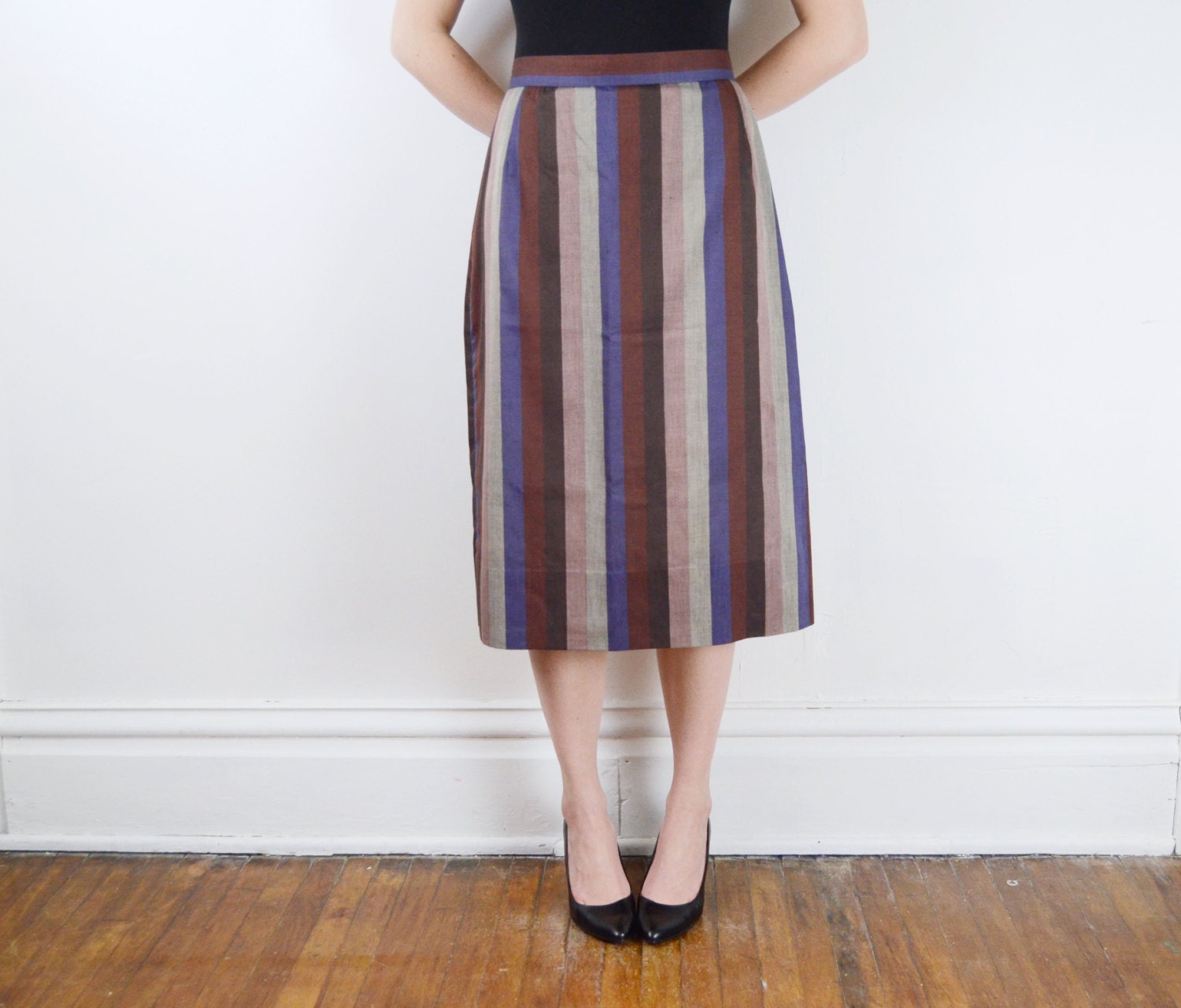 1970s Purple and Grey Striped Skirt - M