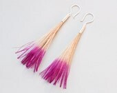 Neon Pink and Cream Beige Peacock Dangle Feather Earrings in Dipped Ombre Tassel Style - READY TO SHIP