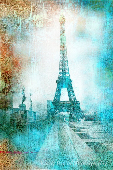 Paris Photography, Eiffel Tower Textured Abstract Photo, Paris Art Decor, Aqua Teal Digital Painted Textures, Paris Photograph 8" x 12"
