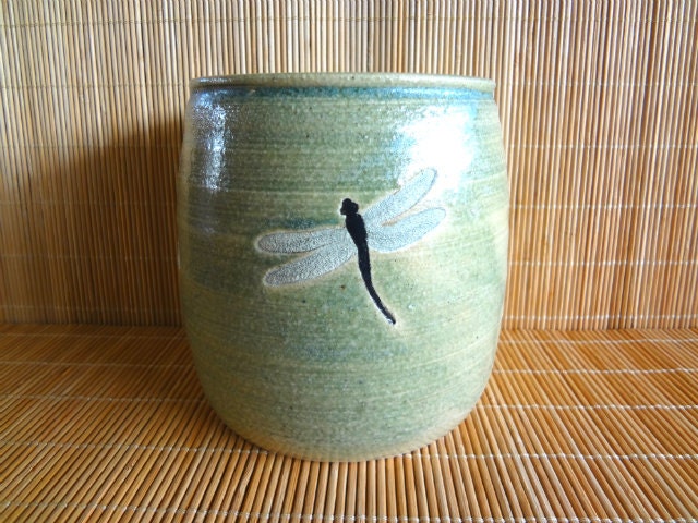 Lovely Handmade Sage Green Stoneware DRAGONFLY Utensil Holder Wedding Housewarming Gift