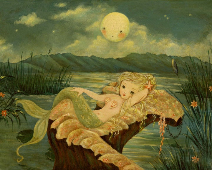 Full Moon at the Mermaid Lagoon - Coral Pink, Midnight Blue, By The Sea, Nursery Art, Children's Art, Decor, Kids Art, Kids Room