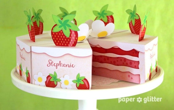 Strawberry Shortcake Paper Cake Slice in REDS favor baking party box printables - Editable Text Printable PDF