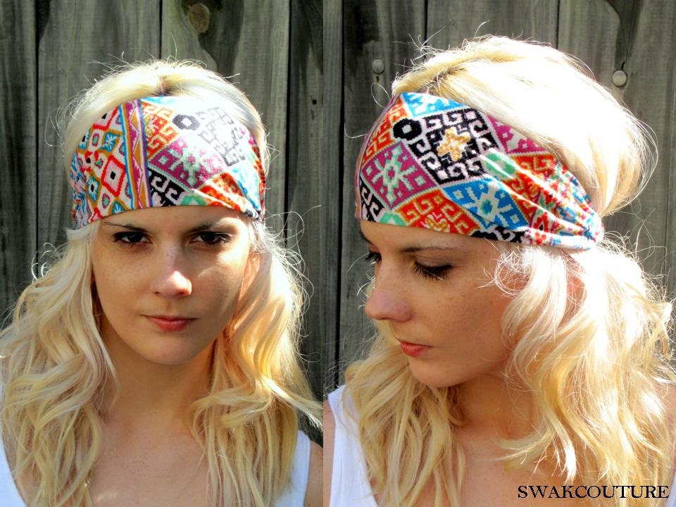 Aztec Heaband, Aztec Yoga Headband MultiColor Stretchy Cotton Jersey Wide Headband Women's Workout Headband, Native Ethnic band