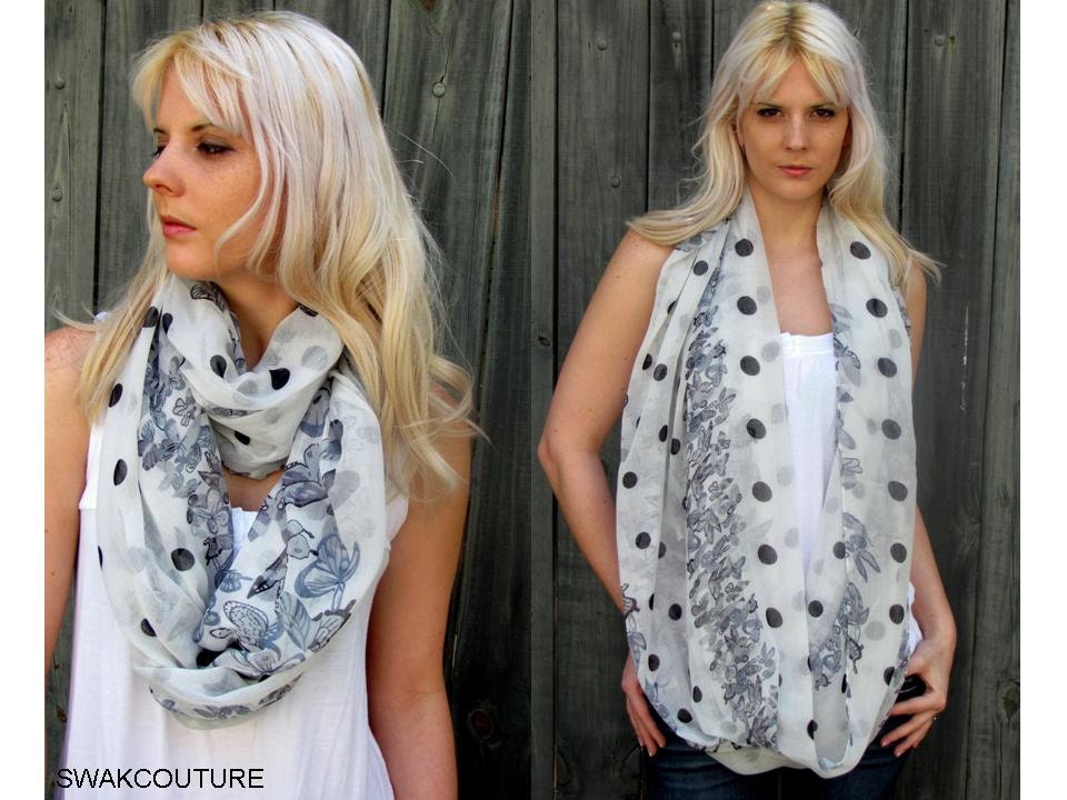 Cotton Infinity Scarf, Black & White Butterfly and Polka Dot Eternity Scarf, Sheer Summer Circle Scarf