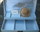 Vintage jewelry box, baby blue with stars, very large size, mid century storage, satin interior
